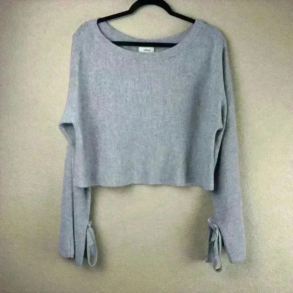 Aritzia Wilfred 100% Merino Wool Emmy Crop Gray Tie Sleeve Scoop Neck Sweater - Picture 1 of 10